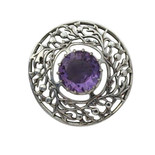 Scottish Silver Thistle Brooch set with Amethyst